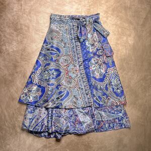 Vintage Y2K Iris Impressions Layered Paisley Wrap Maxi Skirt Blue Boho Women's L